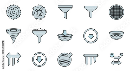 Collection of line icons representing filtration and separation processes, including vortex, funnel, sieve, colander, and water filter symbols, suitable for graphic design, web, apps, and