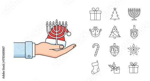 A minimalistic icon pictogram featuring a hand holding a menorah adorned with a Santa hat, symbolizing a blend of holiday traditions, perfect for web, graphic design, apps, banners, social networks