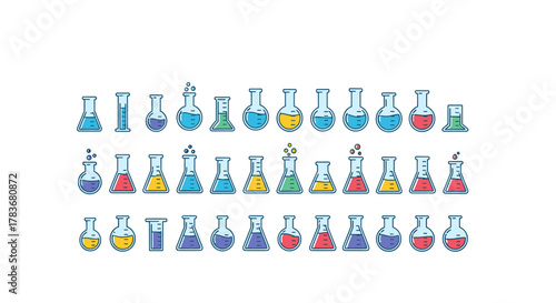 Collection of colorful, minimalistic linear pictograms representing various laboratory flasks filled with different colored liquids, including bubbling effects, ideal for science, technology, and