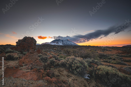 Snow-Capped Teide Volcano at Sunset with Dramatic Clouds, Tenerife, Canary Islands