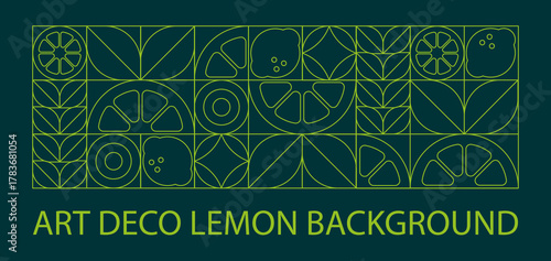 Art Deco Lemon Background. Elegant Citrus Fruits in Line Art Pattern, Mosaic