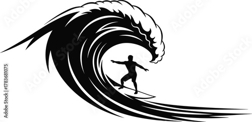 Surfer, wave, ocean, extreme sport, surfing, black and white, illustration, dynamic, motion, energy, bold lines, cresting wave, stylized, minimalist, adventure, sea, water, balance, thrill, dramatic