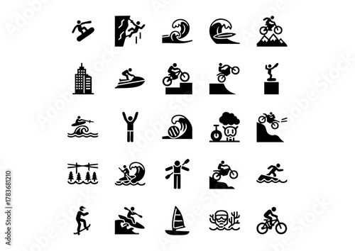Adrenaline Rush Vector Icons: 25 Black & White Extreme Sports Silhouette, High-Octane Action: Bold Black Vector Icon Set for Extreme Sports, Risk & Thrill: Minimalist Black Vector Icon Collection for
