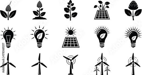 Sustainability icons, renewable energy symbols, eco-friendly plants, green technology, wind turbines, solar power, environmental conservation, clean energy, nature growth, ecology