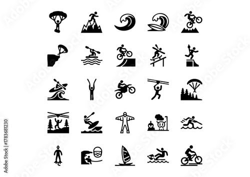 Adrenaline Rush Vector Icons: 25 Black & White Extreme Sports Silhouette, High-Octane Action: Bold Black Vector Icon Set for Extreme Sports, Risk & Thrill: Minimalist Black Vector Icon Collection for