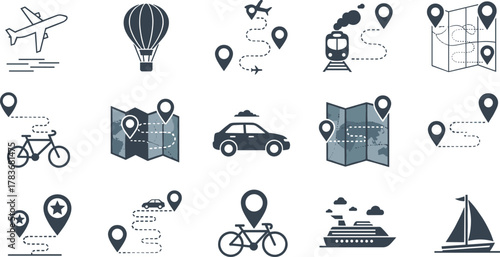 Travel icons, transportation symbols, airplane, hot air balloon, cruise ship, bicycle, car, train, sailboat, map, location pin, journey, navigation, tourism, vacation, adventure, route, destination