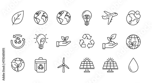 Eco-friendly line icons bundle featuring global themes, leaves, a plane, and recycling symbols, perfect for graphic and web design, apps, adverts, and various cards. This vector cartoon illustration
