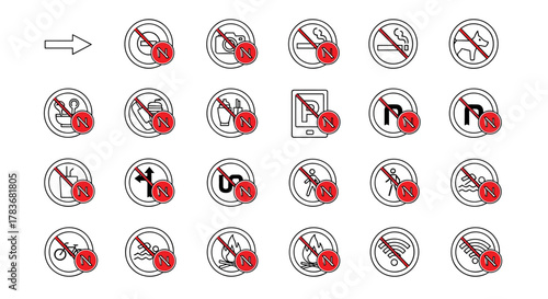 Collection of forbidden line icons for graphic and web design, apps, adverts, and various cards, featuring a cartoon illustration style with a white background, representing prohibitions such as no