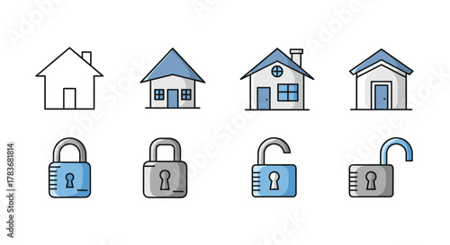 Set of vector cartoon illustrations depicting houses and locks in various states of security, isolated on a white background. This collection includes a simple outline house, detailed houses with
