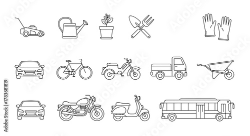 A collection of clean, minimalist line drawings featuring essential gardening tools and various modes of transportation, perfect for illustrating themes of outdoor work, commuting, and leisure