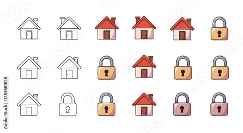 Set of cartoon house and lock icons, presented in a clean, organized grid on a white background. Includes outline and colored versions of houses and various colored locks, perfect for web, apps