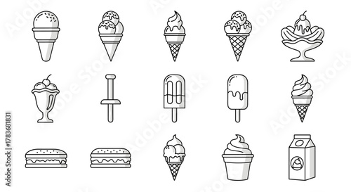 Collection of simple, isolated line icons representing various ice cream treats and related items, including cones, sundaes, popsicles, and milk cartons, all with editable strokes and suitable for