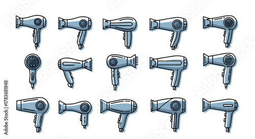 Collection of diverse line illustrations of hair dryers, presented in a clean, modern vector cartoon style against a crisp white background, ideal for graphic design, app icons, and concept art
