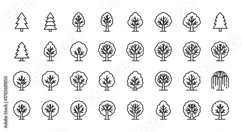 Collection of stylized line art tree icons, featuring diverse deciduous and coniferous species, presented on a clean white background, ideal for graphic design, app interfaces, and conceptual
