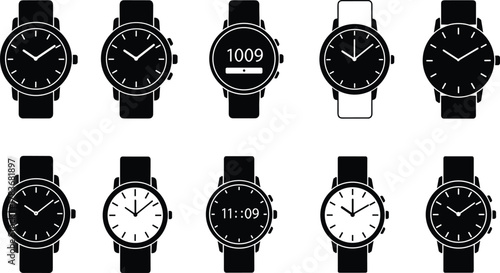 Modern wristwatch collection illustration, analog and digital watch design, minimalist clock faces, timepiece icons, smartwatch interface, contemporary time design, black and white
