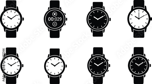 Smartwatch and analog wristwatch icon set, modern timepiece collection, minimal black and white clock design, wearable technology illustration vector