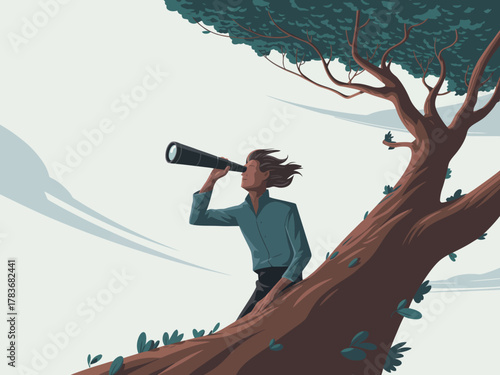 This striking image captures a young man perched on a tree, peering through a telescope, evoking a sense of adventure, curiosity, and exploration of the world around him.