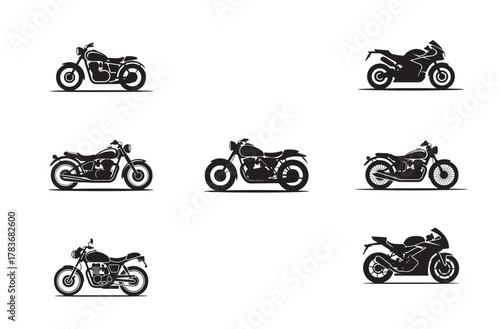 All Type Bike Silhouette Vector Icon. Sports Bike, Royal Cruiser, Classic Motorcycle, Two Wheeler Design.