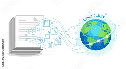 Conceptual illustration of a stack of documents transforming into individual files, connected by flowing lines to a vibrant globe adorned with stars, symbolizing global quality, workflow, process