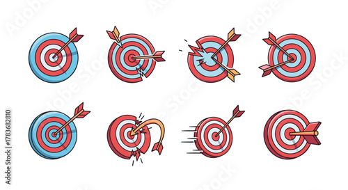 Set of eight vector cartoon illustrations depicting archery targets with arrows, showcasing various scenarios like bullseyes, broken targets, and arrows in motion against a clean white background