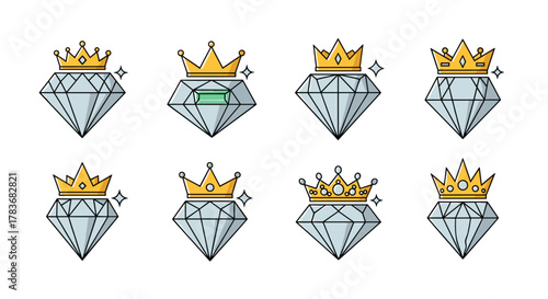 Set of eight luxury diamond icons with golden crowns, representing royalty, wealth, and prestige. Each diamond is uniquely adorned with a crown, some featuring sparkling accents or a central