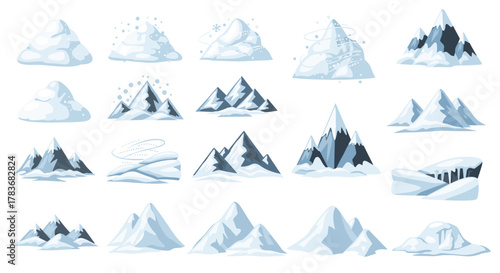 Realistic vector icons set of snowy piles and snow caps, representing mountains or hills, summits and peaks, with elements of snowfall, blizzard, snowdrift, and ice, perfect for seasonal weather and