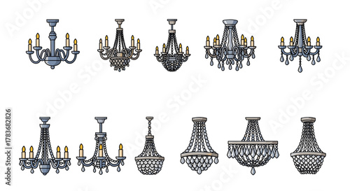 Collection of ten diverse cartoon-style chandeliers, featuring various designs from classic candle-lit fixtures to ornate crystal-embellished pieces, presented in a neat, ordered row against a clean