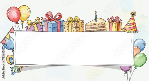 Hand-drawn cartoon watercolor birthday banner with a blank space for text, adorned with colorful balloons, gift boxes, a slice of cake with a candle, and festive party hat, perfect for holiday