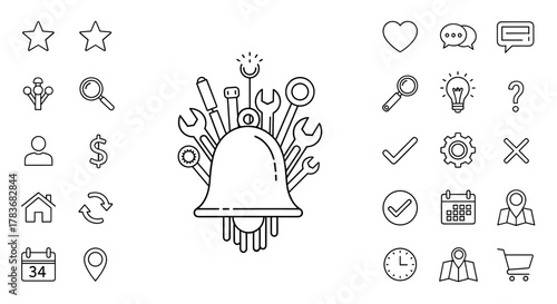 A collection of thin, editable stroke icons suitable for web, books, cards, and apps, featuring a central bell surrounded by tools, alongside other common symbols like stars, hearts, chat bubbles