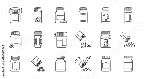 Collection of isolated line icons representing various bottles of pills and capsules, including open bottles spilling medication, perfect for medical, pharmaceutical, and health-related graphic