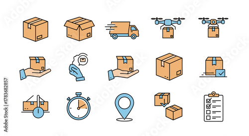 Vivid and minimalistic linear pictogram set representing various aspects of box transportation and delivery services, including closed and open boxes, a delivery truck, drones carrying packages