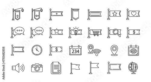 Collection of street banner related line icons, outline signs for graphic and web design, apps, adverts, various cards, vector cartoon illustration with upward arrow, left arrow, plus sign, empty