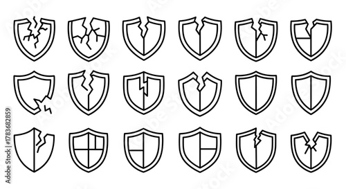 Collection of broken shield icons in a line art style, representing vulnerability, security breaches, and damage. This vector set includes various cracked and fractured shield symbols suitable for