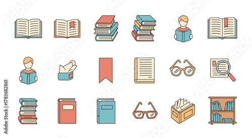 Collection of vector cartoon illustrations depicting books and reading, featuring open books, stacked books, a person reading, a bookmark, glasses, a magnifying glass over text, a bookshelf, and a