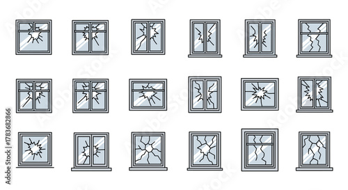 Collection of minimalistic linear pictograms depicting various types of broken windows, ideal for web and graphic design, apps, banners, social networks, and cards, presented as vector cartoon