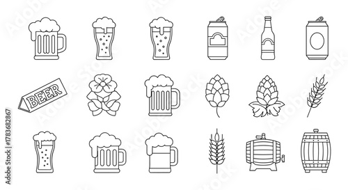 Collection of outline vector illustrations related to beer, including mugs, glasses, cans, bottles, hops, wheat, barrels, and a 'Beer' sign, perfect for infographics, articles, books, flyers, and