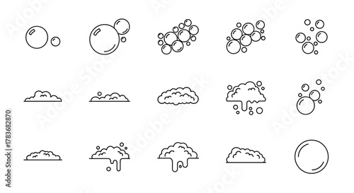 Set of clean line art vector icons representing bubbles and foam, perfect for illustrating concepts related to cleaning, hygiene, beverages, or abstract design elements on a white background.