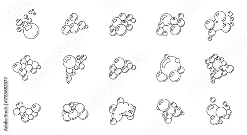Set of 15 hand-drawn vector bubble and foam illustrations in a thin line style, perfect for graphic design projects. These clean, simple icons are ideal for representing cleanliness, effervescence