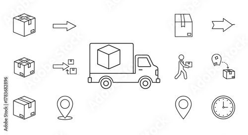 Minimalistic outline icons depicting the logistics and delivery process, including boxes, arrows, a delivery truck, a person carrying a package, location pins, and a clock, perfect for web, graphic