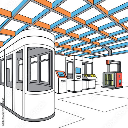 Adobe Illustrator Artwork:  A stylized drawing of a train station interior, like a futuristic transit hub