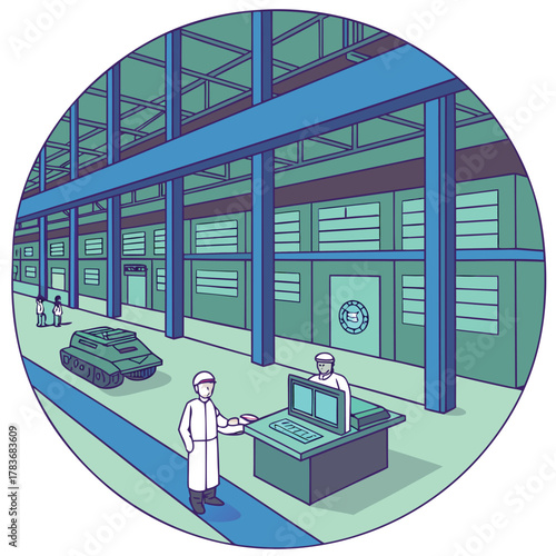 Adobe Illustrator Artwork: A vector illustration of a factory with two people at a console and a small vehicle on a track