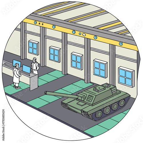 Adobe Illustrator Artwork: A vector illustration of a factory with two people at a console on a track