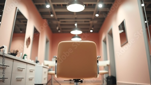 blowdry. Elegant salon chair with styling tools, portraying a chic and organized beauty space. lifestyle magazines, social media lookbooks, designed for influencer and brand collaborations.