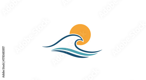 Stylized sun rising over the ocean wave, representing a fresh beginning and tranquility