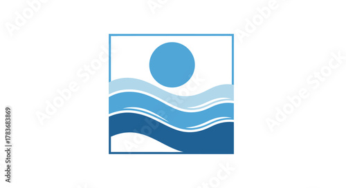 Abstract seascape illustration with sun and wave elements in square frame design