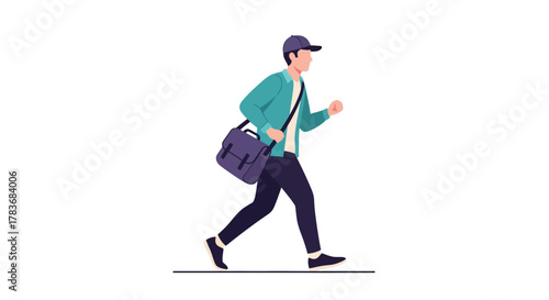 Flat vector illustration of a running man in casual clothes with messenger bag hurry concept