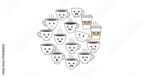 Expressive coffee cups with varied moods form circular arrangement on white canvas
