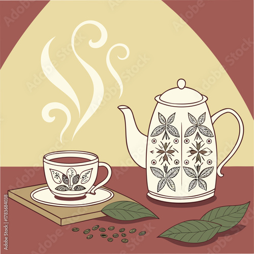 This is a vector illustration of a teapot and a cup of tea with tea leaves and coffee beans