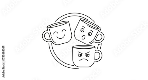 Expressive Mugs Conveying Diverse Emotions in a Whimsical Minimalist Design with Simple Outline