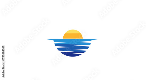 Stylized water with sun minimalist vector design emblem representing peaceful seascape or sunrise